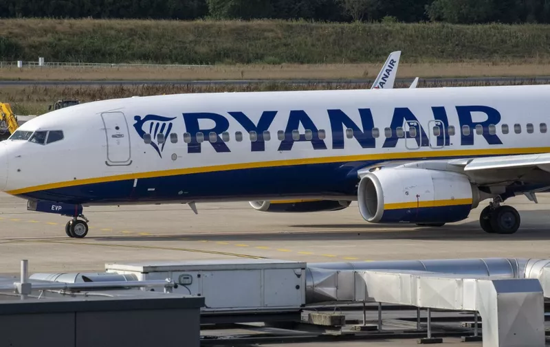 A Ryanair airplane is seen on the tarmac of Charleroi Airport, during a second weekend strike of pilots of the airline, in Charleroi on July 29, 2023. A strike by Ryanair pilots in Belgium in an ongoing dispute over working conditions has cancelled 96 flights to and from Charleroi this weekend, the airport said on July 29, in the midst of the busy summer travel season. (Photo by NICOLAS MAETERLINCK / Belga / AFP) / Belgium OUT