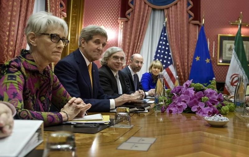 (L-R) US Under Secretary for Political Affairs Wendy Sherman, US Secretary of State John Kerry, US Secretary of Energy Ernest Moniz, National Security Council point person on the Middle East Robert Malley and European Union Political Director Helga Schmid attend a meeting with Iranian officials at the Beau Rivage Palace Hotel in Lausanne on March 26, 2015 during negotiations on the Iranian nuclear program. REUTERS/Brendan Smialowski/Pool