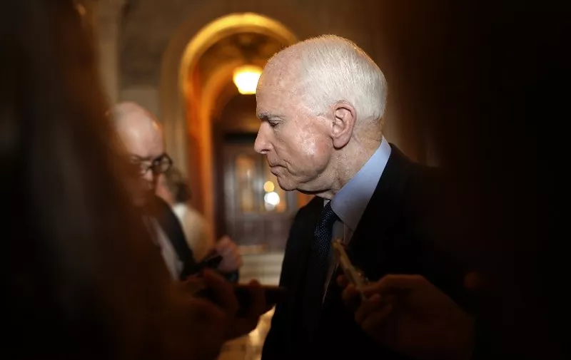 WASHINGTON, DC - APRIL 07: Sen. John McCain (R-AZ) answers questions at the U.S. Capitol about the recent U.S. attack in Syria April 7, 2017 in Washington, DC. U.S. President Donald Trump ordered a retaliatory strike yesterday in response to the use of chemical weapons by the government of Syrian President Bashar al-Assad.   Win McNamee/Getty Images/AFP