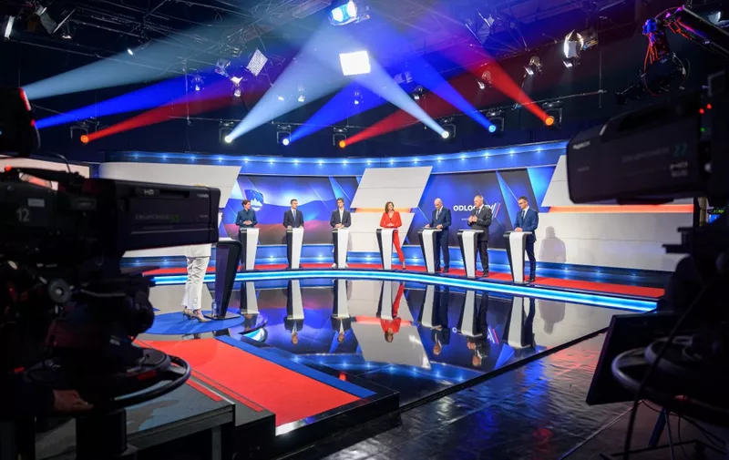 Leaders of political parties take part in the final TV debate in Ljubljana on April 22, 2022, ahead of Slovenias Parliamentary election which will take place on April 24, 2022. (Photo by Jure Makovec / AFP)