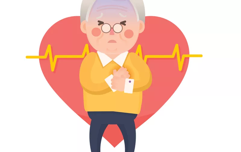 Vector Illustration of Old Man having Chest Pain, Heart Burn, Heart Attack Cartoon Character