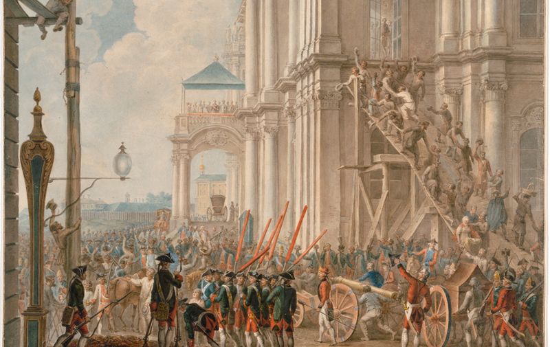 Nepoznati umjetnik - Katarina II. okružena dvorjanima na balkonu Zimskoga dvorca, pozdravljaju je garda i narod na dan prevrata 28. lipnja 1762., kraj 18. stoljeća