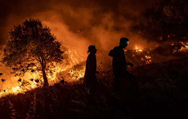 People try to extinguish a wildfire spreading in the village of Akcayaka in the area of Milas in the Mugla province, Turkey, on August 6, 2021. - In Turkey, at least eight people have been killed and dozens more hospitalised as the country struggles against its deadliest wildfires in decades. (Photo by Yasin AKGUL / AFP)
