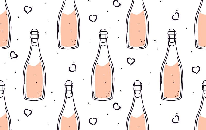Champagne bottle celebration seamless vector pattern. Hand drawn sparkling wine festive background texture.
