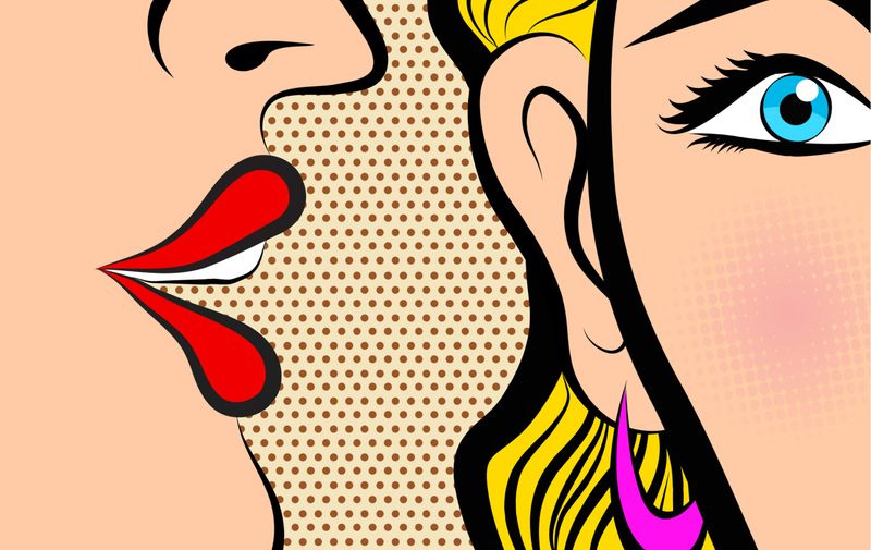 Retro Pop Art style Comic Style Book panel gossip girl whispering in ear secrets with pink cheek, rumor, word-of-mouth concept vector illustration