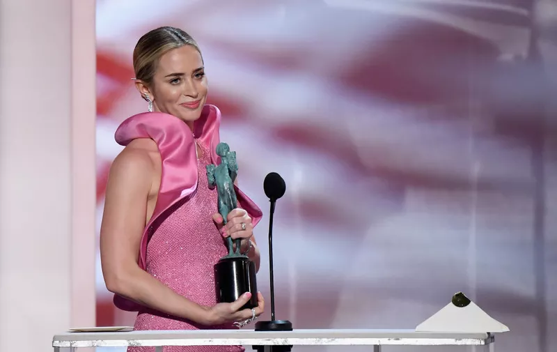 LOS ANGELES, CA - JANUARY 27:  Winner of Outstanding Performance by a Female Actor in a Leading Role, Emily Blunt speaks onstage during the 25th Annual Screen Actors Guild Awards at The Shrine Auditorium on January 27, 2019 in Los Angeles, California.  (Photo by Kevork Djansezian/Getty Images)