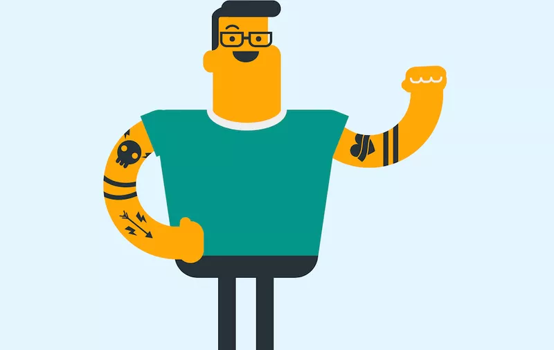 Young caucasian white bodybuilder sportsman with a tattoo showing biceps. Cheerful man in glasses demonstrating his tattoo. Lifestyle concept. Vector cartoon illustration. Square layout. (Young caucasian white bodybuilder sportsman with a tattoo showi