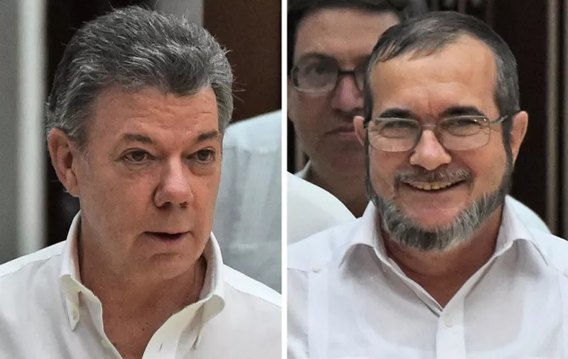 Photocomposition made from a picture taken in Havana on September 23, 2015 showing Colombian President Juan Manuel Santos (L) and the head of the FARC guerrilla Timoleon Jimenez, aka Timochenko (R) during a meeting.
Colombia will turn the page on a half-century conflict that has stained its modern history with blood when the FARC rebels and the government sign a peace deal on September 26, 2016. President Juan Manuel Santos and the leader of the Revolutionary Armed Forces of Colombia (FARC), Rodrigo Londono -- better known by his nom de guerre, Timoleon "Timochenko" Jimenez -- are set to sign the accord at 5:00 pm (2200 GMT) in a ceremony in the colorful colonial city of Cartagena on the Caribbean coast. / AFP PHOTO / Rodrigo Arangua