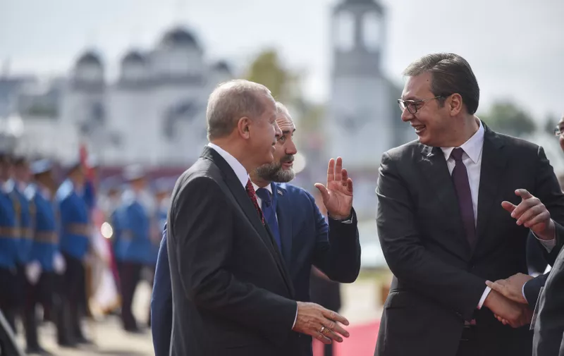 BELGRADE, SERBIA - 7 OCTOBER 2019: Turkey's President Recep Tayyip Erdogan (L) and SerbiaÕs President Aleksandar Vucic (R) review the honour guard during a welcome ceremony, in Belgrade, Serbia, Tuesday, Oct. 7, 2019. Erdogan is on a two-day official visit to Serbia.//TOSKICOKSANA_choix.2433/1910071418/Credit:Oksana Skendzic/SIPA/1910071420, Image: 475445935, License: Rights-managed, Restrictions: , Model Release: no, Credit line: Oksana Skendzic / Sipa Press / Profimedia