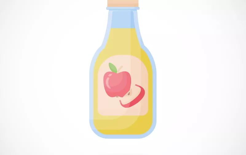 Apple cider vinegar vector flat icon, Flat design of salad dressing ingredient or organic food object sticker isolated on the plaid background, cute vector illustration