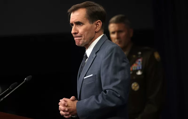 ARLINGTON, VIRGINIA - AUGUST 17: U.S. Department of Defense Press Secretary John Kirby (L) speaks as Army Major General William Taylor (R) listens during a news briefing at the Pentagon August 17, 2021 in Arlington, Virginia. Kirby held a news briefing to discuss the current situation in Afghanistan after the Taliban took control of the capital city of Kabul.   Alex Wong/Getty Images/AFP (Photo by ALEX WONG / GETTY IMAGES NORTH AMERICA / Getty Images via AFP)