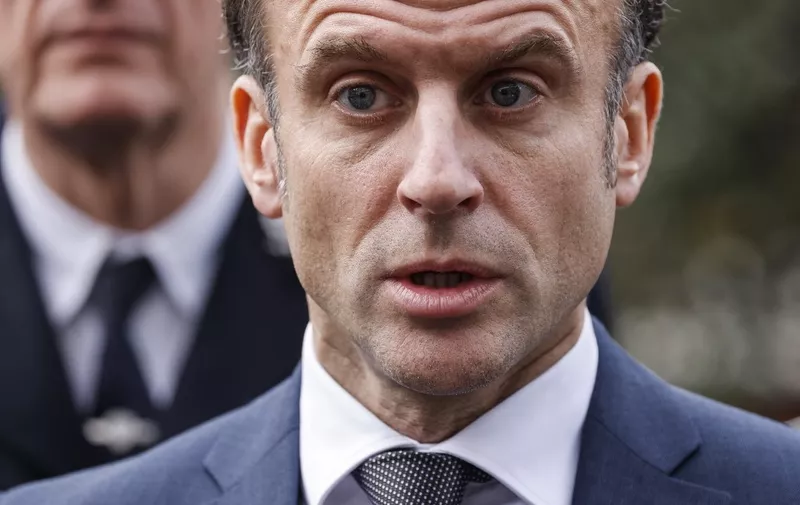French President Emmanuel Macron speaks to the press after a visit of the Bordeaux police station, in Bordeaux, western France, on February 9, 2024. President Macron is in Bordeaux to swear in the new class of the Ecole Nationale de la Magistrature (National School for the Judiciary). (Photo by Ludovic MARIN / POOL / AFP)