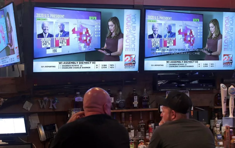 JANESVILLE, WISCONSIN - NOVEMBER 03: Patrons at the Whiskey Ranch Bar and Grill watch as election returns are broadcast on November 03, 2020 in Janesville, Wisconsin. After a record-breaking early voting turnout, Americans went to the polls on the last day to cast their vote for incumbent U.S. President Donald Trump or Democratic nominee Joe Biden in the 2020 presidential election.   Scott Olson/Getty Images/AFP