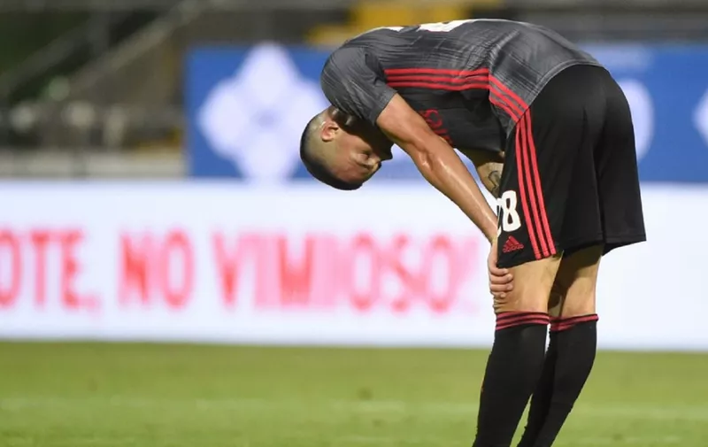 Benfica's German midfielder Julian Weigl reacts at the end of the Portuguese League football match between Famalicao and Benfica at the Famalicao municipal stadium in Vila Nova de Famalicao on July 9, 2020. (Photo by MIGUEL RIOPA / AFP)