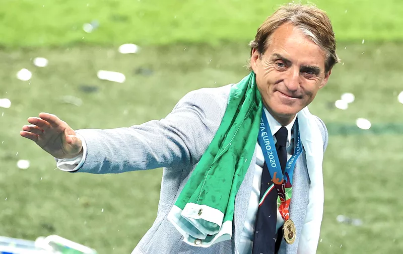 12 July 2021, United Kingdom, London: Football: European Championship, Italy - England, final round, final at Wembley Stadium. Italy coach Roberto Mancini waves after winning the match. Photo by: Christian Charisius/picture-alliance/dpa/AP Images