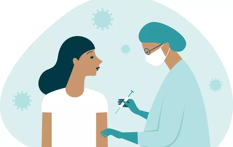 Doctor in protective suit inject vaccine shot to patient. Immunity stimulation to minimize risk of coronavirus infection. Covid-19 vaccination concept. Flat vector illustration.