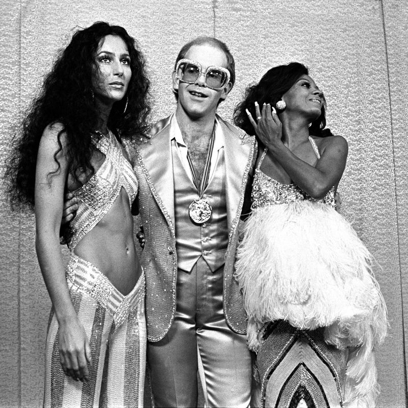 Cher, Elton John and Diana Ross at Rock Awards  Santa Monica Civic Auditorium 1975; Various Locations; Mark Sullivan 70's Rock Archive  (Photo by Mark Sullivan/Contour by Getty Images)