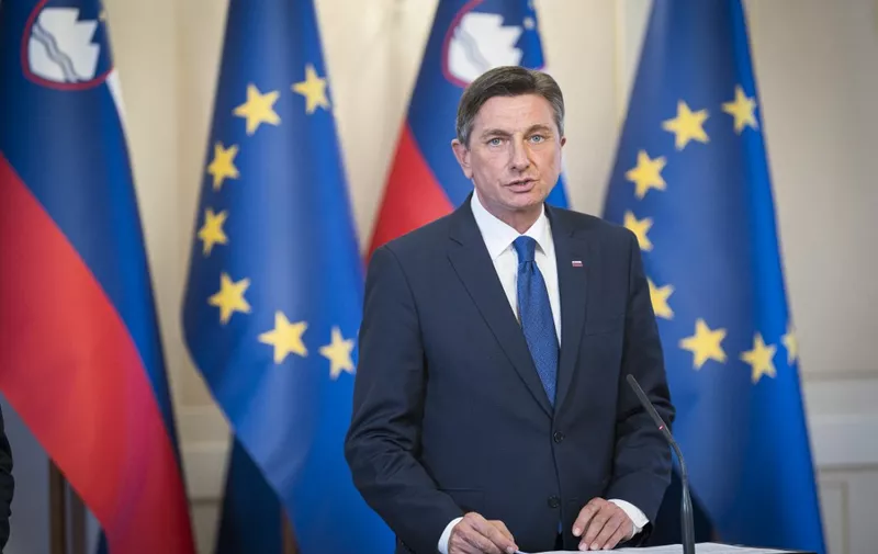 President of Slovenia Borut Pahor addresses media during a press conference after a meeting with Janez Jansa, president of the Slovenian Democratic Party (SDS) (unseen) in Ljubljana, on February 26, 2020. (Photo by Jure Makovec / AFP)