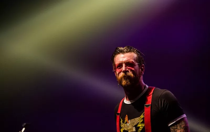 Singer Jesse Hughes of US rock group Eagles of Death Metal performs in the Forest National - Vorst Nationaal concert hall in Brussels, on February 25, 2016.   / AFP / BELGA / Jonas Roosens / Belgium OUT