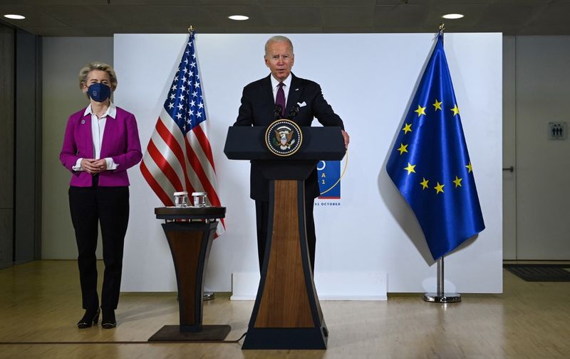 US President Joe Biden addresses the media with President of the European Commission Ursula von der Leyen during the G20 of World Leaders Summit on October 31, 2021 at the convention center "La Nuvola" in the EUR district of Rome. (Photo by Brendan SMIALOWSKI / AFP)