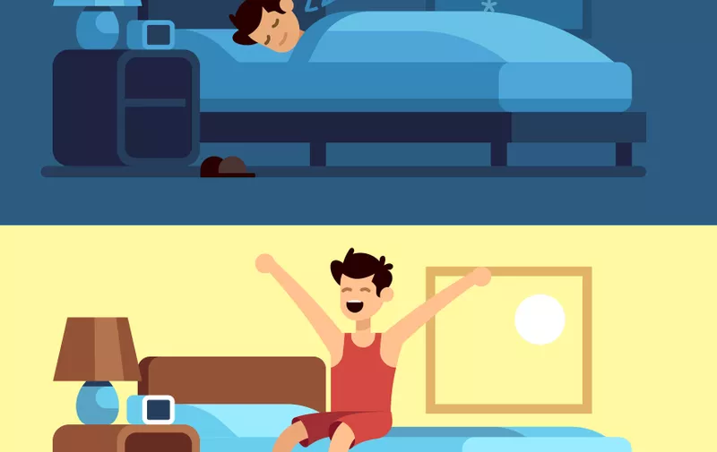 Man sleeping waking up. Person under duvet at night and getting out of bed morning. Peacefully sleep in comfy mattress vector concept