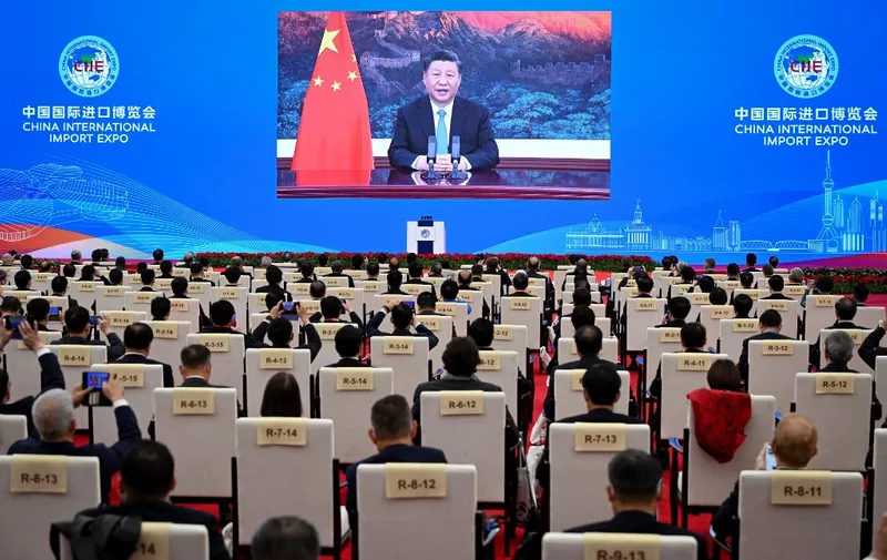This photo taken on November 4, 2020 shows Chinese President Xi Jinping delivering a speech via video for the opening ceremony of the 3rd China International Import Expo (CIIE) in Shanghai. (Photo by STR / AFP) / China OUT