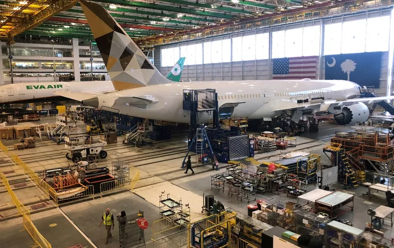 Boeing 787 Dreamliners are built at the aviation company's North Charleston, South Carolina, assembly plant on May 30, 2023. The plant is located on the grounds of the joint-use Charleston Air Force Base and Charleston International Airport. (Photo by Juliette MICHEL / AFP)