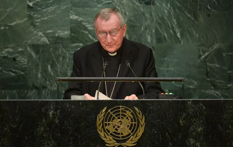 Cardinal Pietro Parolin, Secretary of State of the Holy See addresses the 71st session of the United Nations General Assembly at the UN headquarters in New York on September 22, 2016. / AFP PHOTO / DOMINICK REUTER