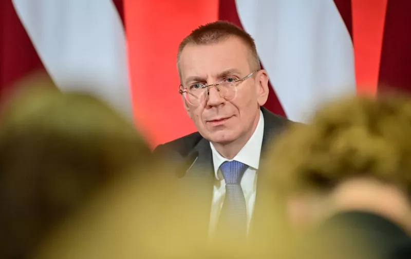 New elected President of Latvia Edgars Rinkevics speaks at a press conference at the Parliament of Latvia (Saeima), on May 31, 2023, in Riga, Latvia. (Photo by Gints Ivuskans / AFP)
