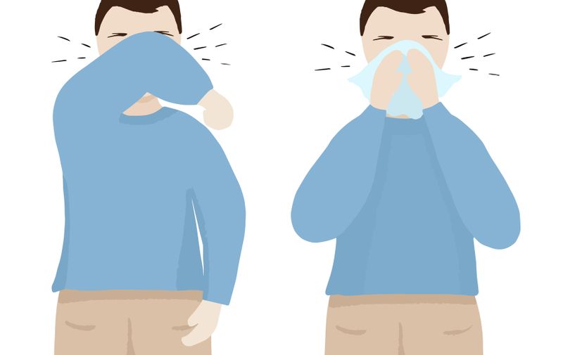 Man coughs at the elbow and napkin. Coronavirus disease prevention measures. How to sneeze and cough so as not to infect others. Vector illustration.