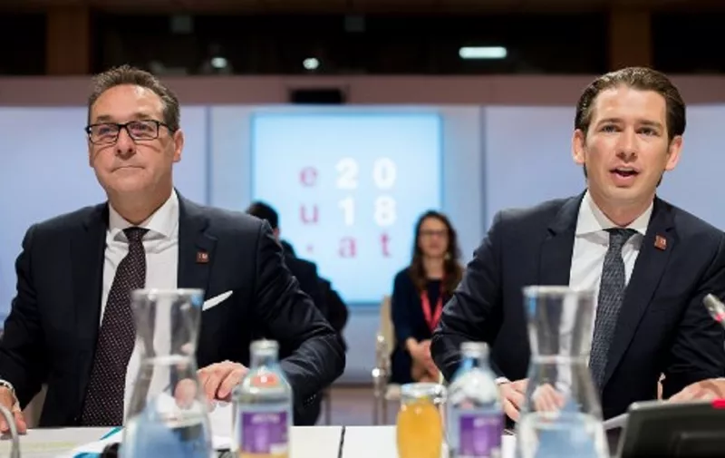 Austrian Chancellor Sebastian Kurz (R) sits next to Vice-Chancellor Heinz-Christian Strache before a plenary session during a visit of the College of Commissioners on July 6, 2018 in Vienna, as Austria took over the Presidency of the Council of the European Union. (Photo by GEORG HOCHMUTH / APA / AFP) / Austria OUT