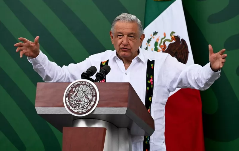 Mexico's President Andres Manuel Lopez Obrador speaks during a press conference in Acapulco, Mexico on November 23, 2023. Lopez Obrador promised this Thursday to rebuild the port of Acapulco in a short time, a month after Hurricane Otis devastated the city, leaving 50 dead and dozens of buildings destroyed. (Photo by FRANCISCO ROBLES / AFP)
