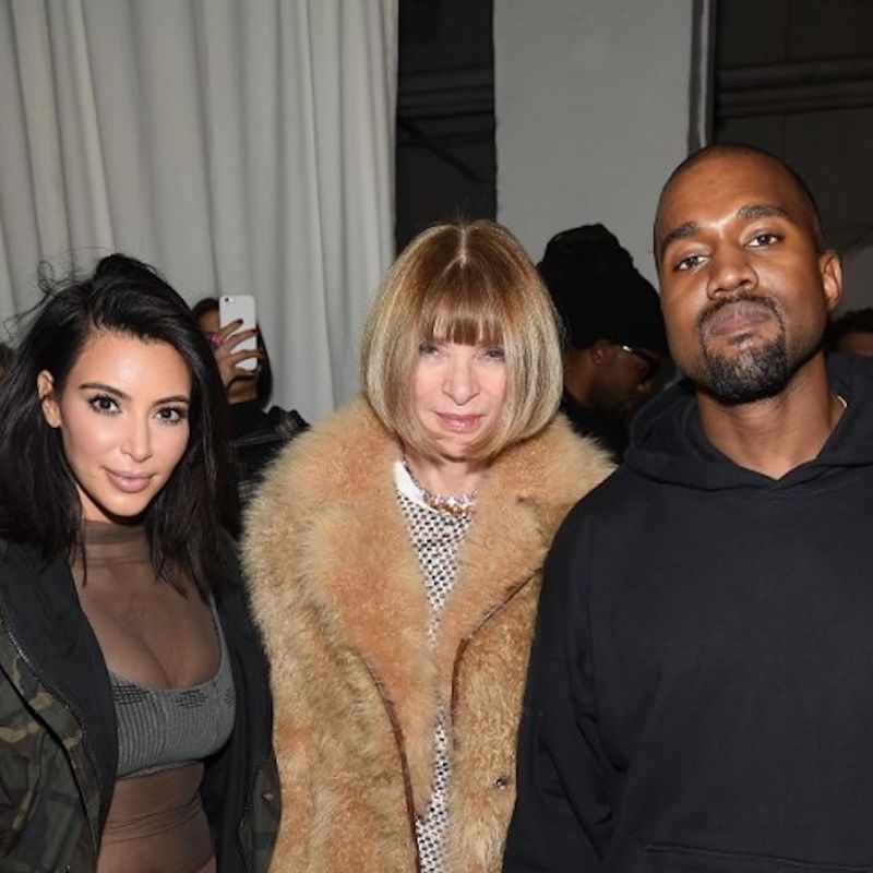 NEW YORK, NY - FEBRUARY 12: (L-R) Kim Kardashian, Anna Wintour, and Kanye West pose backstage at the adidas Originals x Kanye West YEEZY SEASON 1 fashion show during New York Fashion Week Fall 2015 at Skylight Clarkson Sq on February 12, 2015 in New York City.   Dimitrios Kambouris/Getty Images for adidas/AFP (Photo by Dimitrios Kambouris / GETTY IMAGES NORTH AMERICA / Getty Images via AFP)