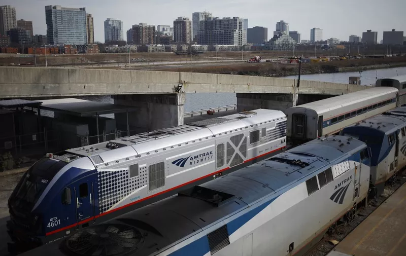 A New Siemens SC-44 Charger locomotive sits parked in an Amtrak rail yard at Chicago Union Station in Chicago, Illinois, on March 2, 2022. (Photo by LUKE SHARRETT / AFP)