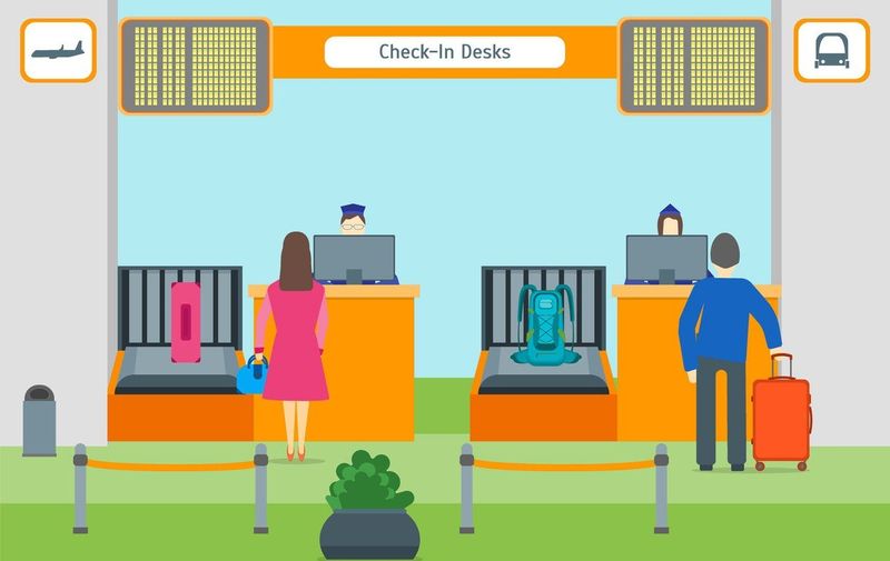 Cartoon Airport Check In. Vector, Image: 330633170, License: Royalty-free, Restrictions: , Model Release: no, Credit line: Profimedia, Stock Budget