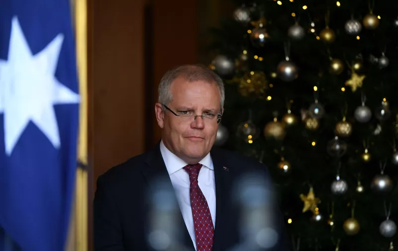 CANBERRA, AUSTRALIA - NOVEMBER 25: Prime Minister Scott Morrison speaks to media during a press conference at Parliament House on November 25, 2019 in Canberra, Australia. Australian spy agency ASIO is investigating reports China tried to plant an operative as an MP in a seat in Federal Parliament. Fairfax Media and Channel Nine's 60 Minutes reported over the weekend that Chinese intelligence agents offered a million dollars to pay for the political campaign of Liberal Party member Bo “Nick” Zhao, to run for a Melbourne seat. Nick Zhao was found dead in a Melbourne hotel room shortly after approaching ASIO about the offer, with his cause of death still unknown. (Photo by Tracey Nearmy/Getty Images)