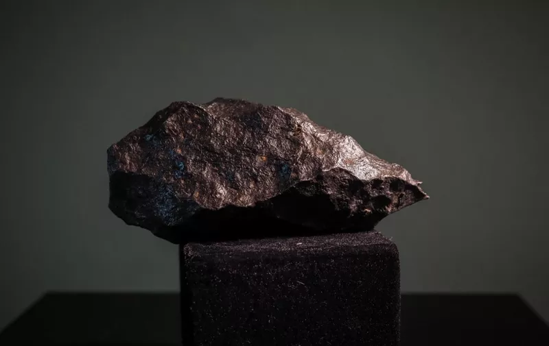 A picture taken in Tours, central France on February 5, 2019 shows a Siderite meteorite, part of the French meteorite hunter Gerard Merrier's collection before he sells it at auction on February 28, 2019 in Vendôme. - Gerard Merlier has stride along the deserts in search of meteorites. He decided to plan an auction for his precious collection of meteorites in order to ensure his retirement. (Photo by GUILLAUME SOUVANT / AFP)