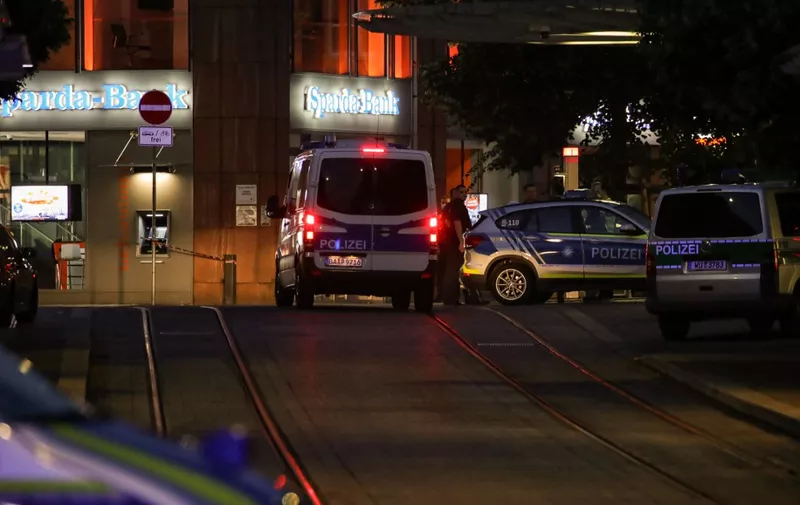 Police secures the city center in Wuerzburg, southern Germany on June 25, 2021. - A 24-year-old Somalian man killed three people on Friday, June 25, 2021 in an attack in the southern German city of Wuerzburg that also left several others injured, some of them seriously, police said. (Photo by ARMANDO BABANI / AFP)