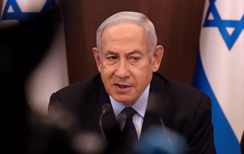 Israeli Prime Minister Benjamin Netanyahu chairs a cabinet meeting in Jerusalem on August 27, 2023. (Photo by Menahem KAHANA / AFP)