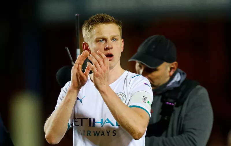 1st March 2022  Weston Homes Stadium, Peterborough, Cambridgeshire, England FA Cup football, Peterborough versus Manchester City Oleksandr Zinchenko of Manchester City is visibly moved at support for him and Ukraine after the final whistle PUBLICATIONxNOTxINxUK ActionPlus12368092 GrahamxWilson