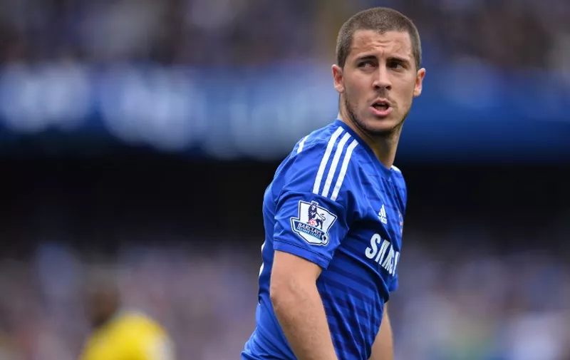 Chelsea's Belgian midfielder Eden Hazard looks on during the English Premier League football match between Chelsea and Crystal Palace at Stamford Bridge in London on May 3, 2015.     
AFP PHOTO / 

RESTRICTED TO EDITORIAL USE. No use with unauthorized audio, video, data, fixture lists, club/league logos or live services. Online in-match use limited to 45 images, no video emulation. No use in betting, games or single club/league/player publications.