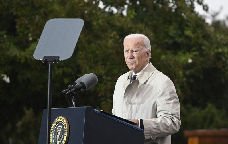 US President Joe Biden speaks during a remembrance ceremony to mark the 21st anniversary of the 9/11 attacks, at the Pentagon in Washington, DC, on September 11, 2022. (Photo by ROBERTO SCHMIDT / AFP)