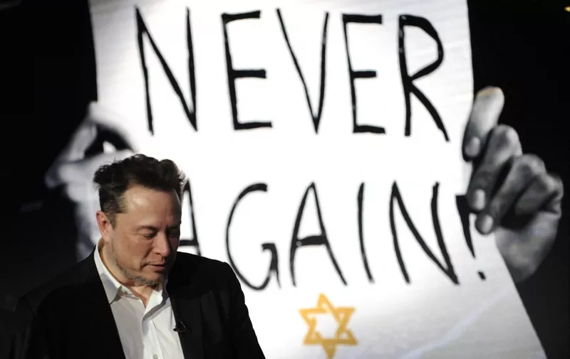 X (formerly Twitter) CEO Elon Musk attends a symposium on "Antisemitism Online" during the European Jewish Association conference in Krakow, on January 22, 2024. (Photo by Bartosz SIEDLIK / AFP)