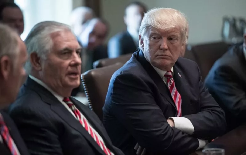 US President Donald Trump listens to Secretary of State Rex Tillerson speak during a cabinet meeting at the White House in Washington, DC, on June 12, 2017. / AFP PHOTO / NICHOLAS KAMM