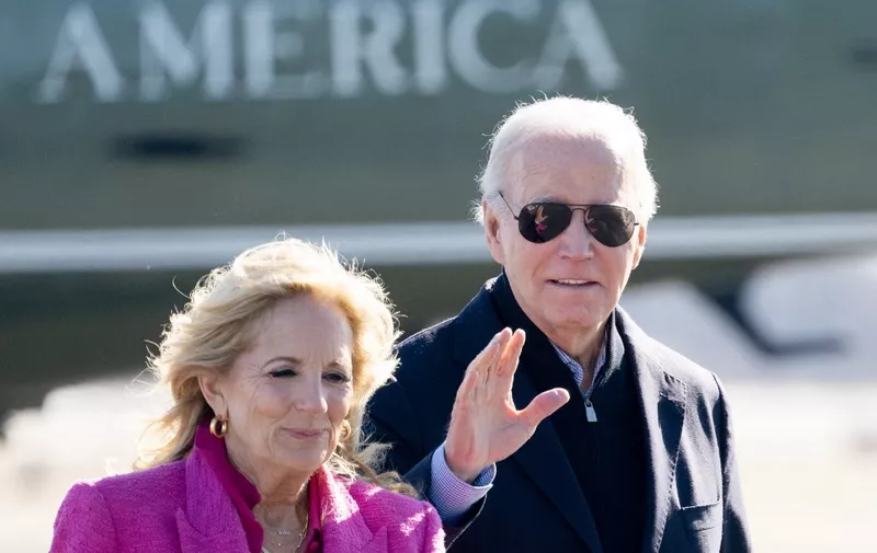 US President Joe Biden and First Lady Jill Biden arrive to board Air Force One at Philadelphia International Airport, in Philadelphia, Pennsylvania, on February 3, 2024. President Biden and the First Lady will be on a 3-day trip to Los Angeles, California, and Las Vegas, Nevada. (Photo by SAUL LOEB / AFP)