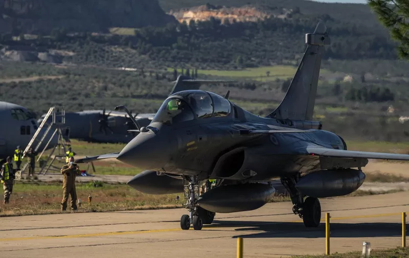 A French Air Force Rafale fighter is seen on the runway at Tanagra military air base, north of Athens on February 4, 2021 during a joint military drill with Greece Air Force as part of French Air Force's mission "Skyros 2021". Greece and France signed a 2,5-billion-euro ($3 billion) warplane deal on January 25 as part of a burgeoning arms programme to counter Turkish challenges over natural gas resources and naval influence in the eastern Mediterranean. The deal will see Greece buying 18 Rafale jets, 12 of them used, made by French firm Dassault. (Photo by Angelos Tzortzinis / AFP)