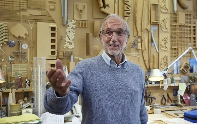 Italian architect Renzo Piano, who designed the new Palais de Justice (courthouse) of Paris, poses at his workshop in Paris on May 7, 2015.  AFP PHOTO / ERIC FEFERBERG