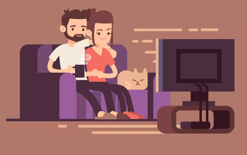 Relaxed happy young couple watching tv at home in living room. Couple woman and man on sofa with cat, illustration of young couple watch tv