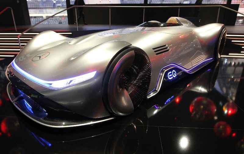 A Mercedes Vision EQ Silver Arrow concept car is pictured at the company's booth at the International Auto Show (IAA), in Frankfurt am Main, on September 11, 2019. - Frankfurt's biennial International Auto Show (IAA) opens its doors to the public on September 12, 2019, but major foreign carmakers are staying away while climate demonstrators march outside -- forming a microcosm of the under-pressure industry's woes. (Photo by Daniel ROLAND / AFP)