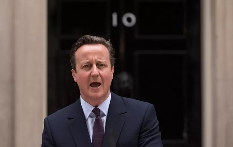 Britain's Prime Minister and Leader of the Conservative Party David Cameron addresses the nation outside 10 Downing Street in London on May 8, 2015, a day after the British general election. British Prime Minister David Cameron's Conservative party on Friday won a majority in the House of Commons in the general election, results showed.   AFP PHOTO / LEON NEAL